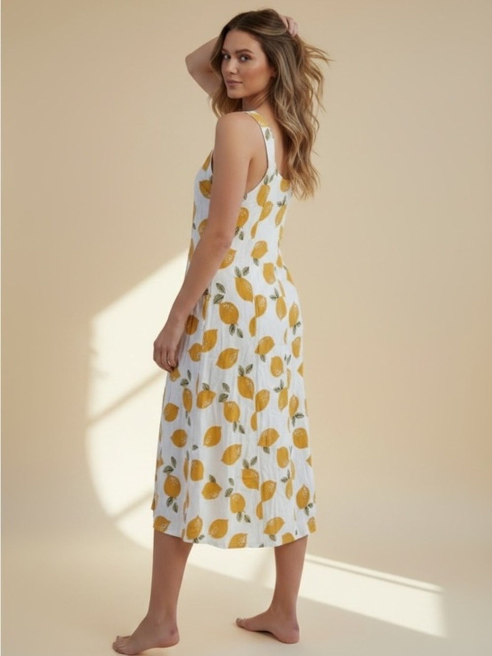 Sleeveless White Maxi Dress with Yellow Lemon Print
